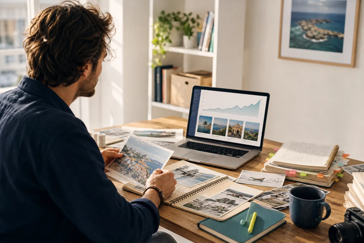 Creator refreshing an archive of travel stories beside a modern laptop