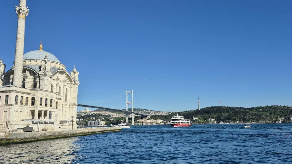 Dolmabahce Mosque and the Bosphorus bridge in Istanbul, Türkiye