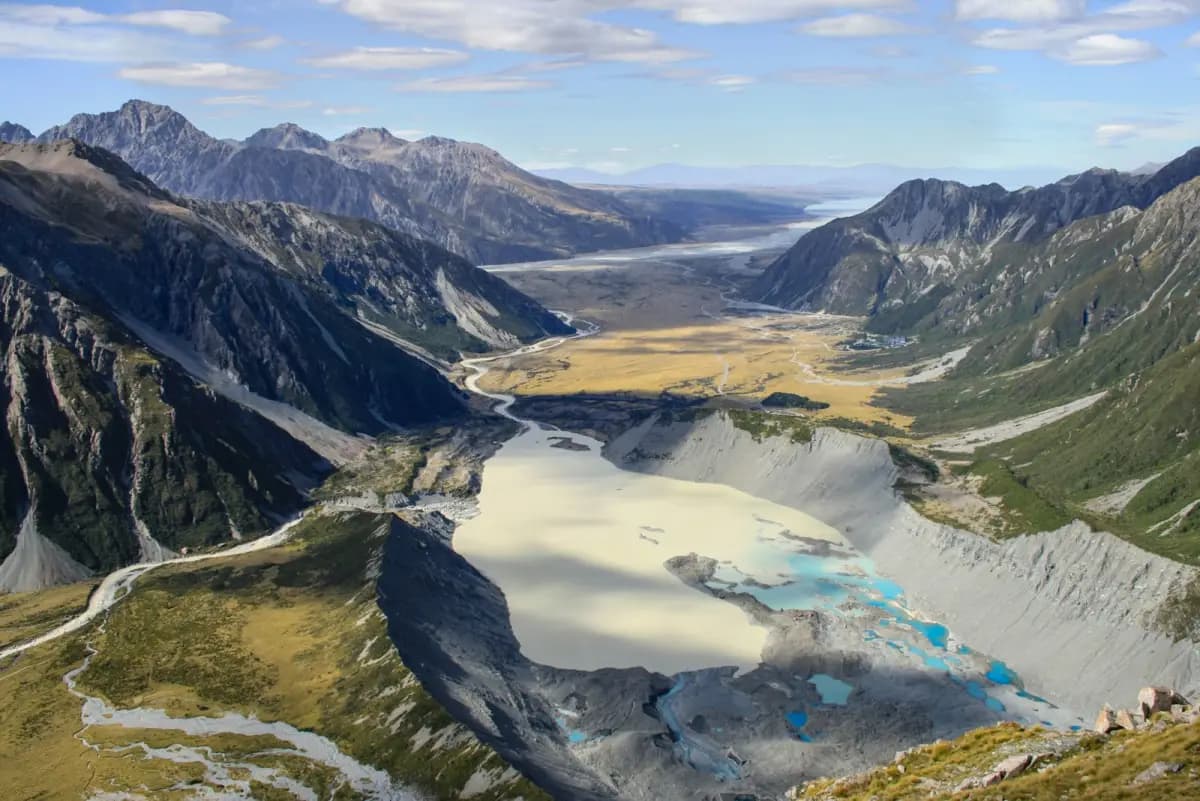Aerial mountain valley and glacial lake near Aoraki Mount Cook, New Zealand