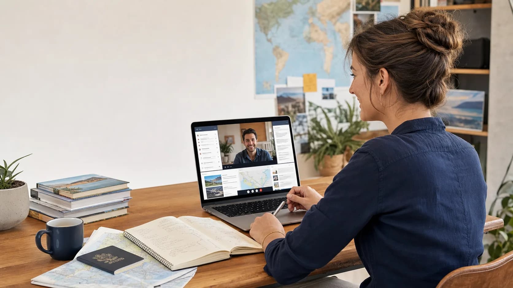 A travel creator on a professional planning call, prepared with notes and a client brief