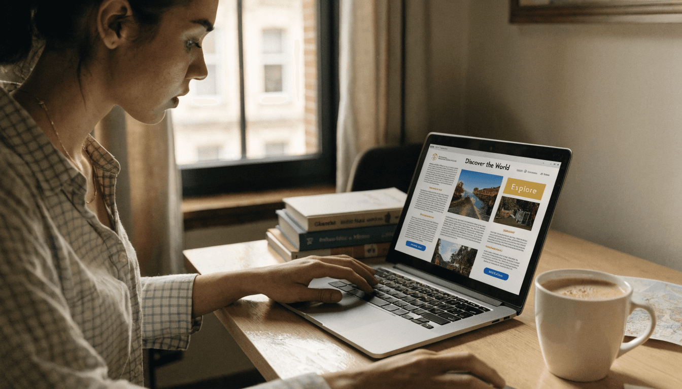 A travel newsletter writer at a morning desk with a laptop showing their newsletter, coffee, and travel books on the shelf