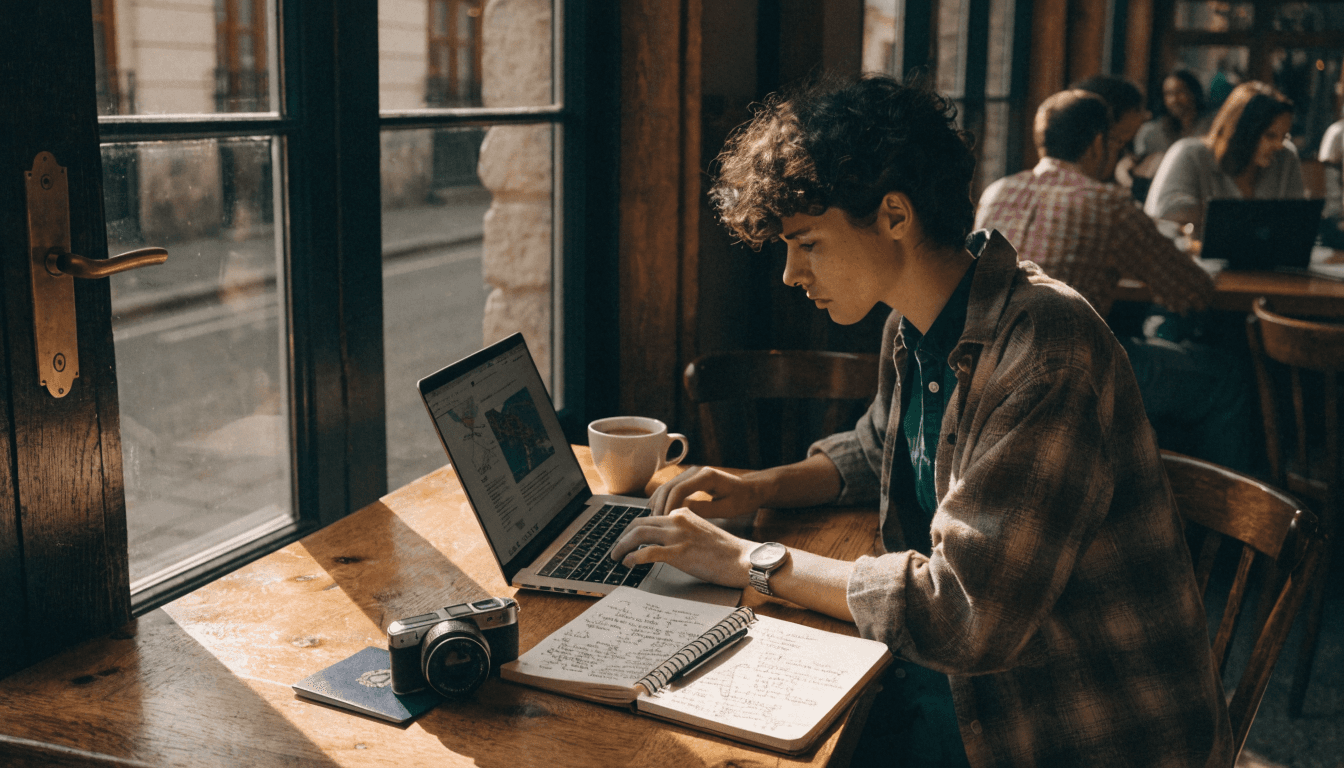 A travel blogger at a European café with laptop open to a destination guide, handwritten notes, passport, and camera