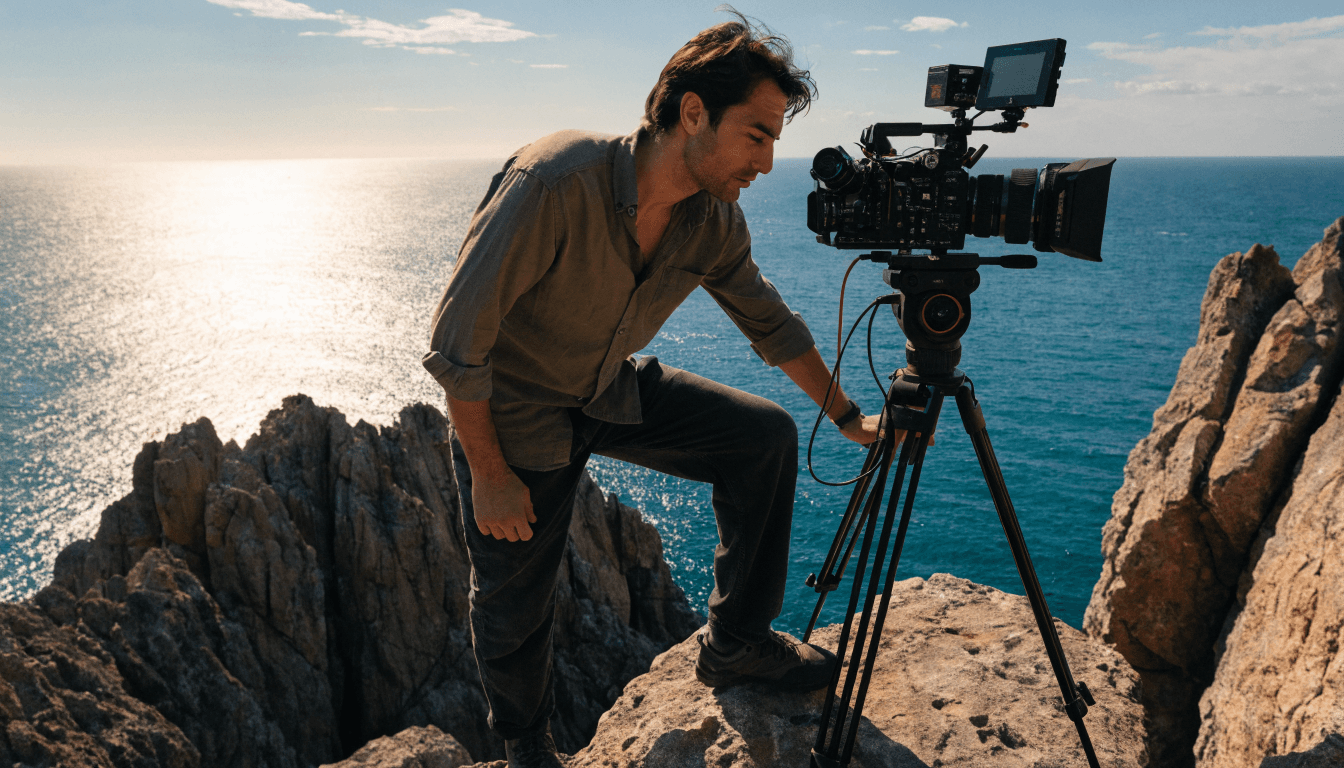 A travel filmmaker with a cinema camera on a tripod at a dramatic coastal cliff viewpoint at golden hour