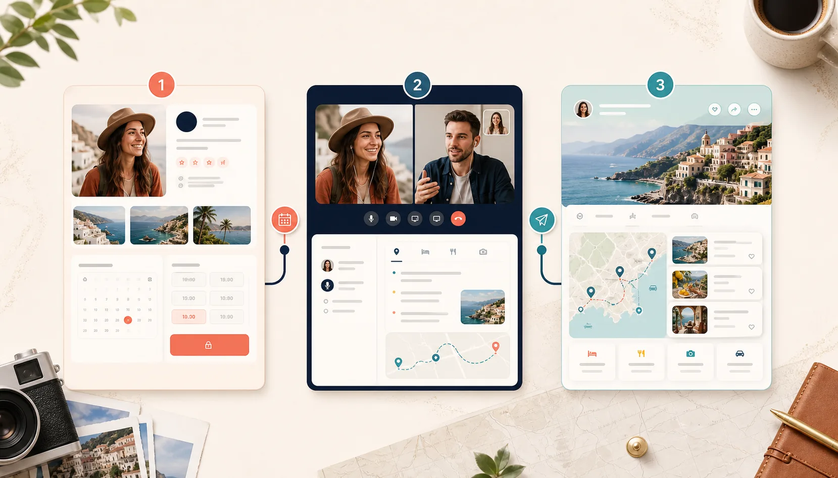 A travel creator workflow from professional profile to paid planning call and post-call trip page