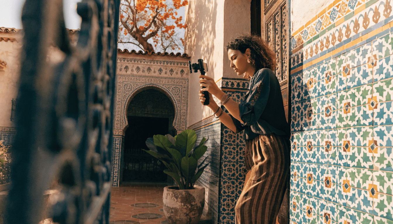 A travel creator filming destination content with a phone and gimbal at a vibrant Moroccan riad courtyard
