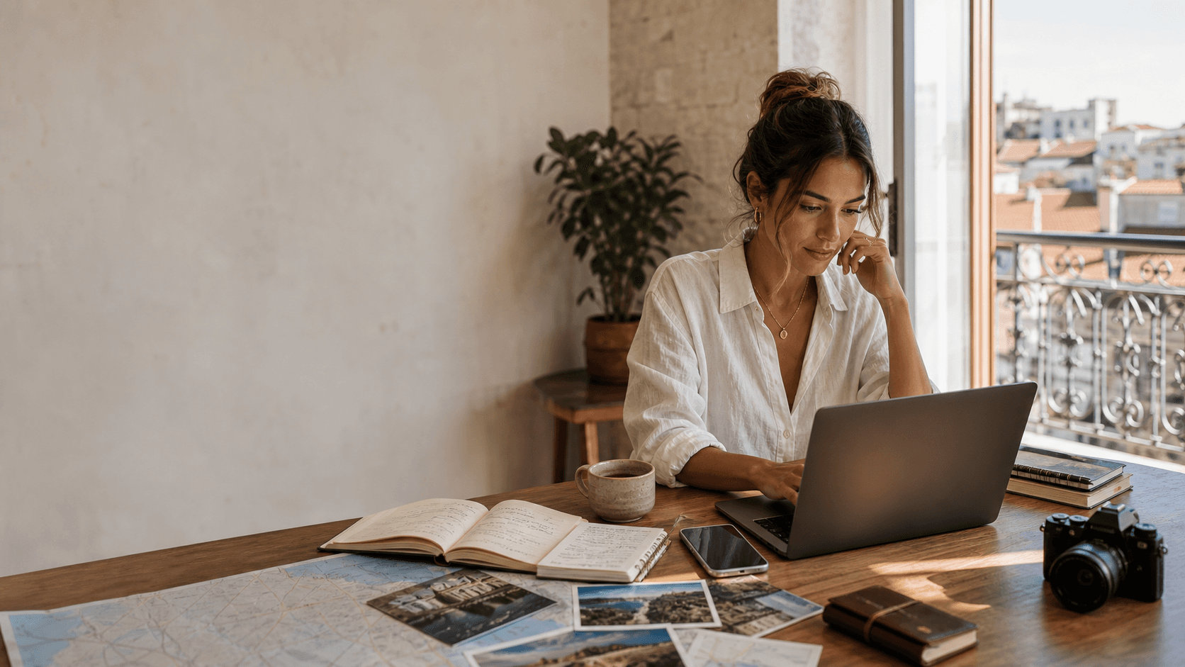 Travel creator working from a laptop with itinerary notes, map, and destination photos spread across the desk