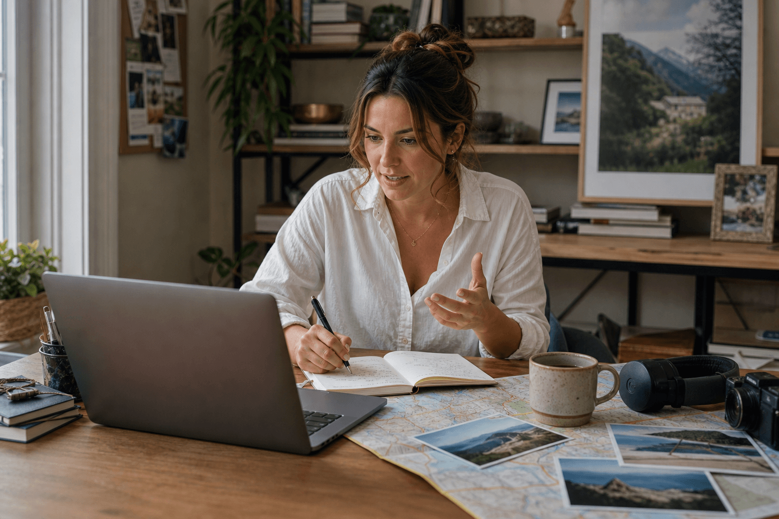 Travel creator running a premium planning call from her laptop