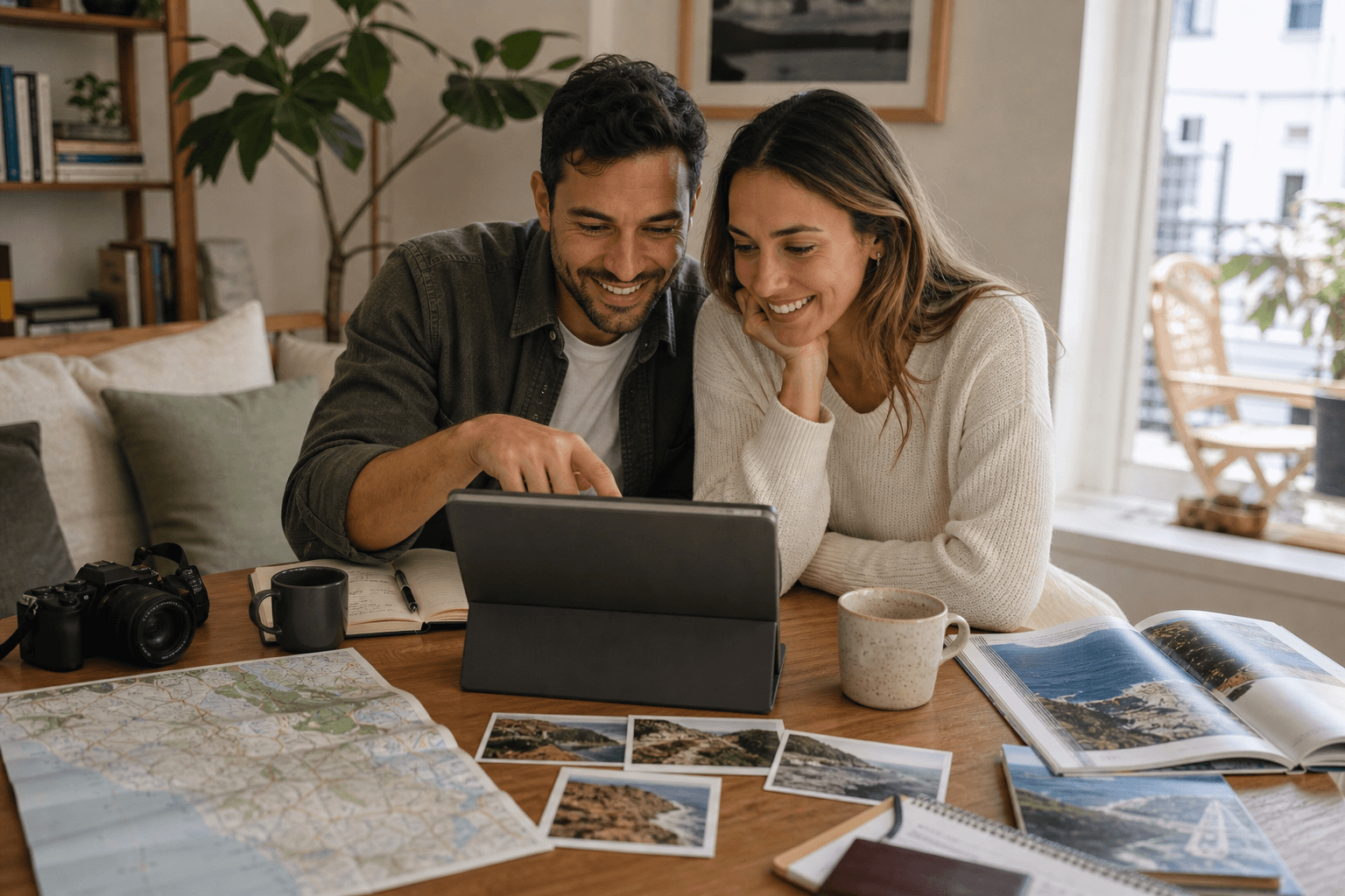 Travelers reviewing an organized trip plan together after a planning session